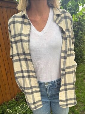 Thread & Supply Cream and Gray Plaid Button-Up
